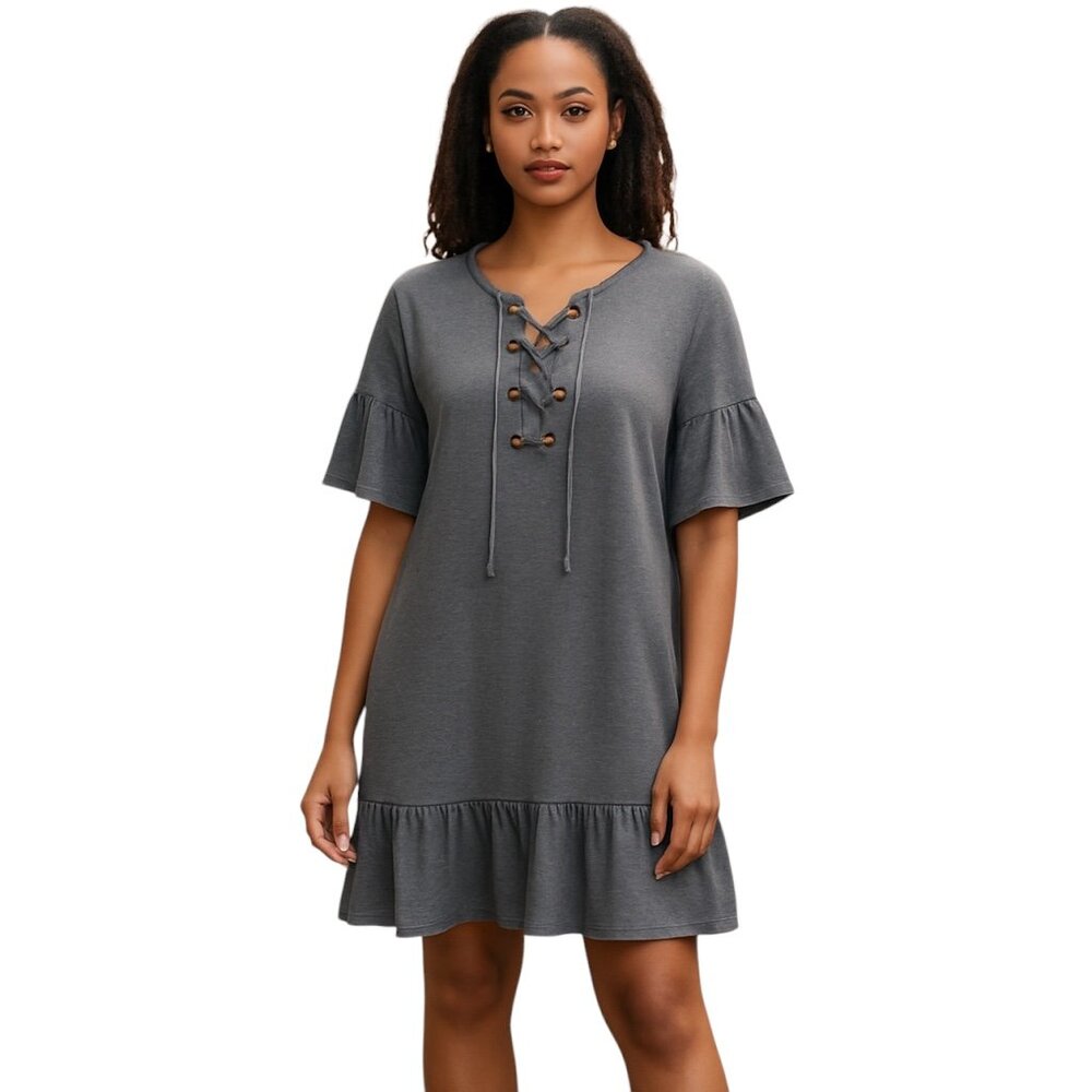 Loveriche Womens Size Large Shift Dress Heather Gray Lace-Up Ruffle Hem Flutter